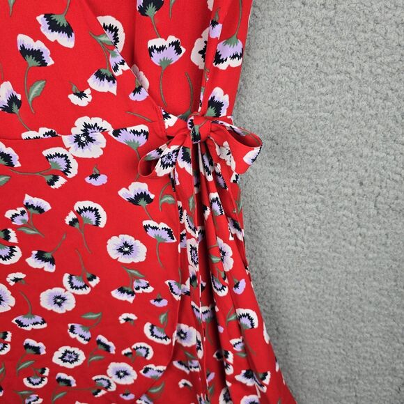 J Crew Wrap Dress Womens 2 Red White Floral V Neck Short Flirty Tie Colorful - Picture 12 of 13